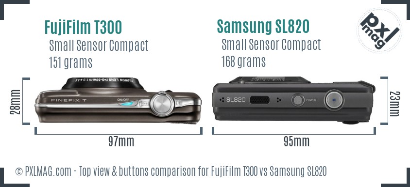 FujiFilm T300 vs Samsung SL820 top view buttons comparison