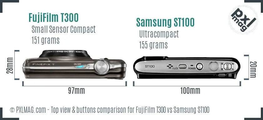 FujiFilm T300 vs Samsung ST100 top view buttons comparison