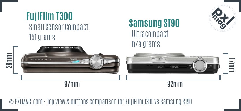 FujiFilm T300 vs Samsung ST90 top view buttons comparison