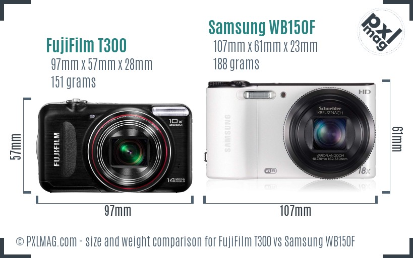 FujiFilm T300 vs Samsung WB150F size comparison FujiFilm T300 vs Samsung WB150F size comparison