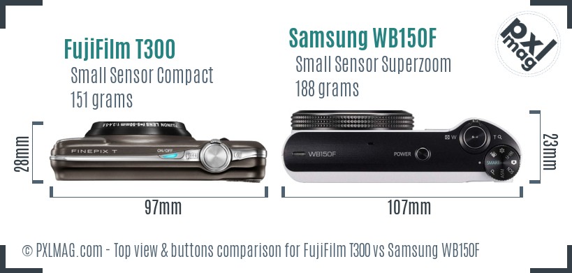 FujiFilm T300 vs Samsung WB150F top view buttons comparison