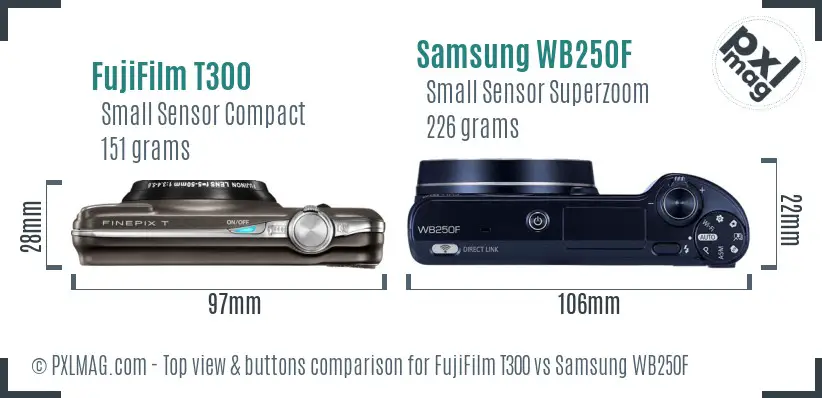 FujiFilm T300 vs Samsung WB250F top view buttons comparison