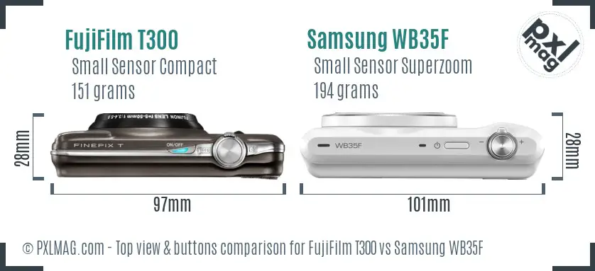 FujiFilm T300 vs Samsung WB35F top view buttons comparison FujiFilm T300 vs Samsung WB35F top view buttons comparison