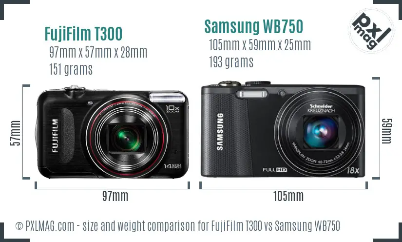 FujiFilm T300 vs Samsung WB750 size comparison