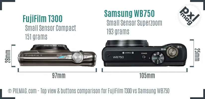 FujiFilm T300 vs Samsung WB750 top view buttons comparison