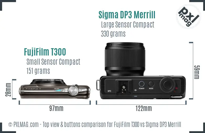 FujiFilm T300 vs Sigma DP3 Merrill top view buttons comparison FujiFilm T300 vs Sigma DP3 Merrill top view buttons comparison