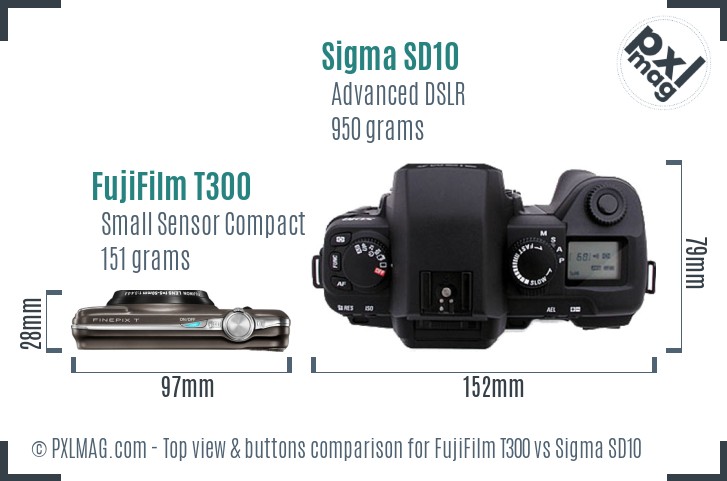 FujiFilm T300 vs Sigma SD10 top view buttons comparison