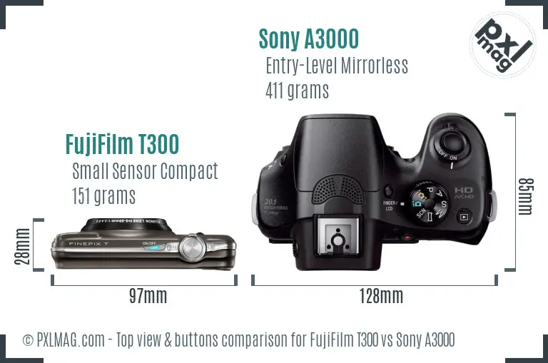 FujiFilm T300 vs Sony A3000 top view buttons comparison FujiFilm T300 vs Sony A3000 top view buttons comparison