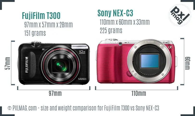 FujiFilm T300 vs Sony NEX-C3 size comparison