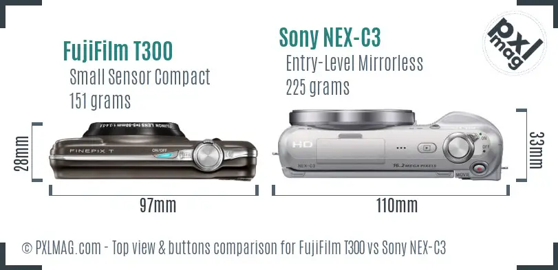 FujiFilm T300 vs Sony NEX-C3 top view buttons comparison