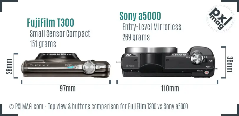FujiFilm T300 vs Sony a5000 top view buttons comparison FujiFilm T300 vs Sony a5000 top view buttons comparison