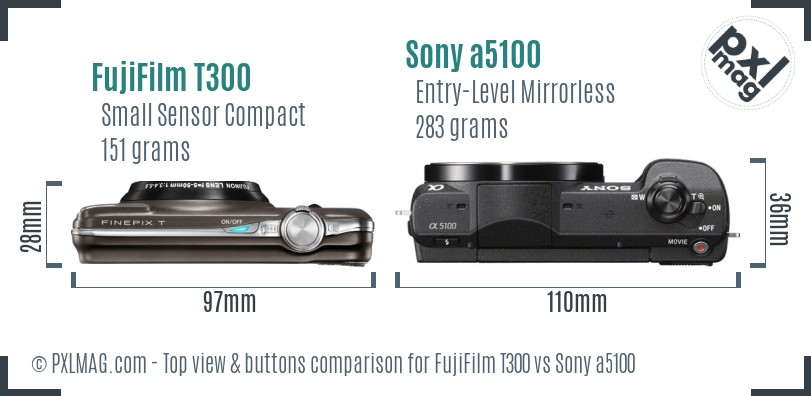 FujiFilm T300 vs Sony a5100 top view buttons comparison