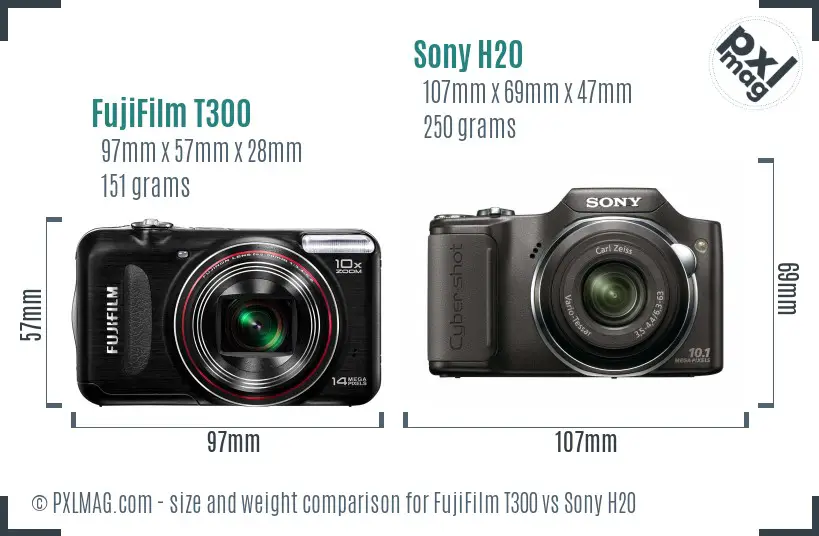 FujiFilm T300 vs Sony H20 size comparison