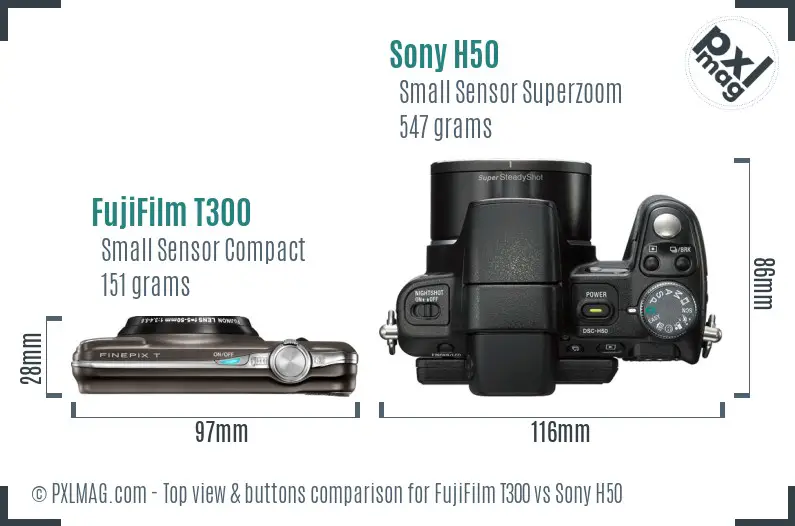 FujiFilm T300 vs Sony H50 top view buttons comparison