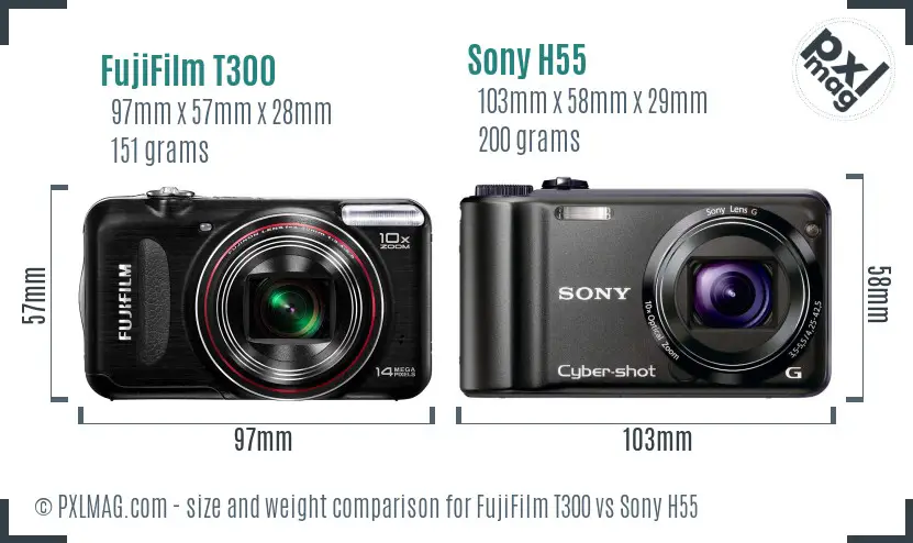 FujiFilm T300 vs Sony H55 size comparison FujiFilm T300 vs Sony H55 size comparison