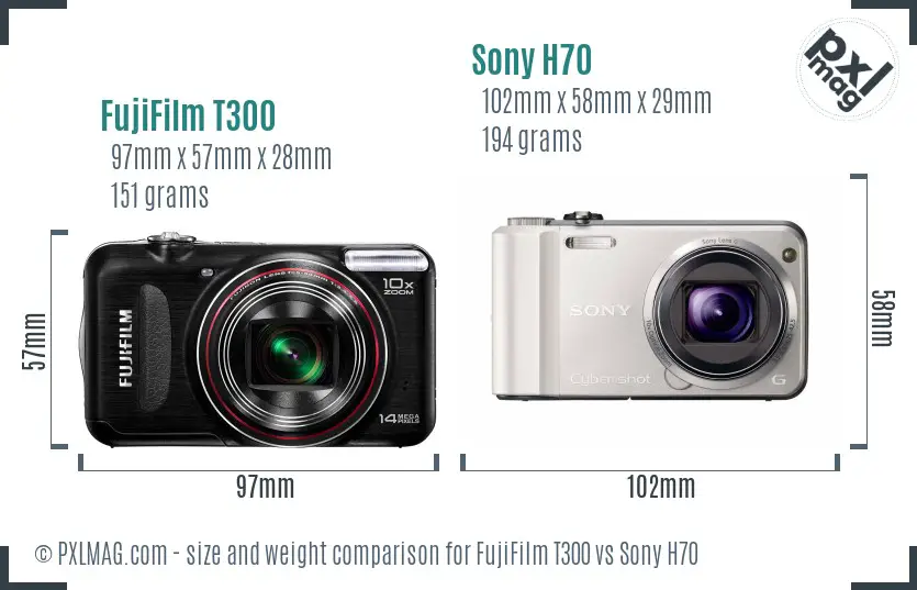 FujiFilm T300 vs Sony H70 size comparison
