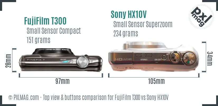 FujiFilm T300 vs Sony HX10V top view buttons comparison FujiFilm T300 vs Sony HX10V top view buttons comparison