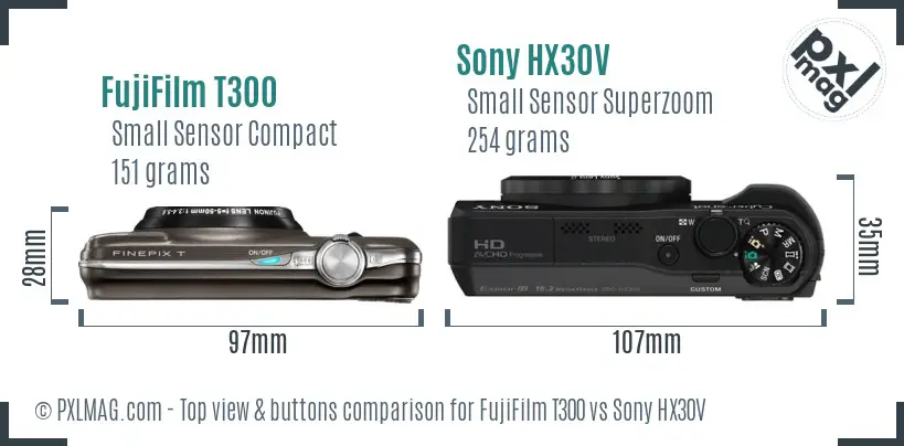 FujiFilm T300 vs Sony HX30V top view buttons comparison FujiFilm T300 vs Sony HX30V top view buttons comparison