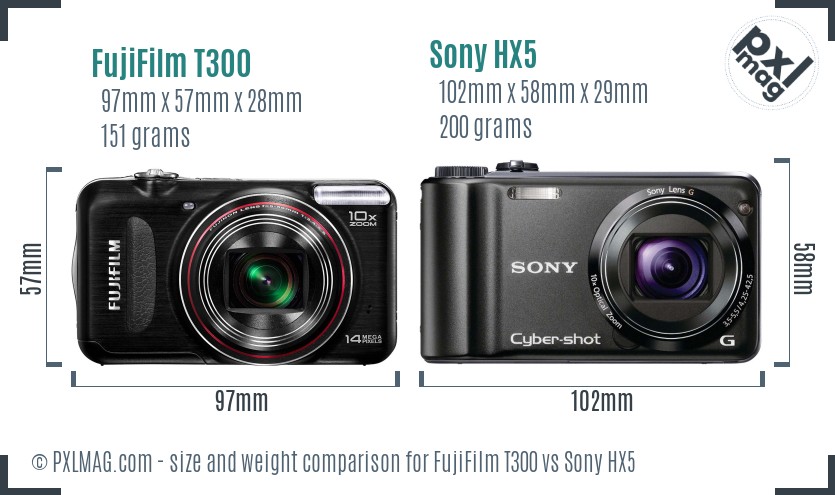 FujiFilm T300 vs Sony HX5 size comparison FujiFilm T300 vs Sony HX5 size comparison