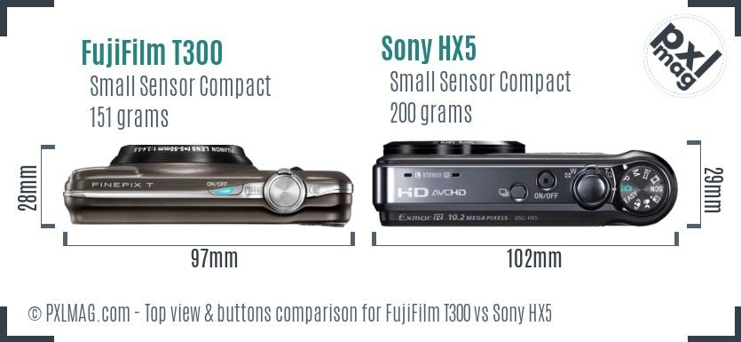 FujiFilm T300 vs Sony HX5 top view buttons comparison