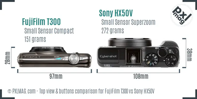 FujiFilm T300 vs Sony HX50V top view buttons comparison FujiFilm T300 vs Sony HX50V top view buttons comparison