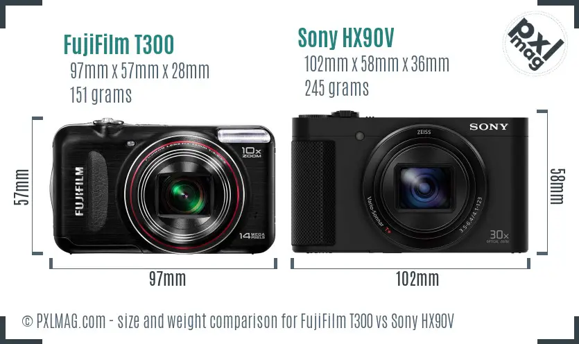 FujiFilm T300 vs Sony HX90V size comparison