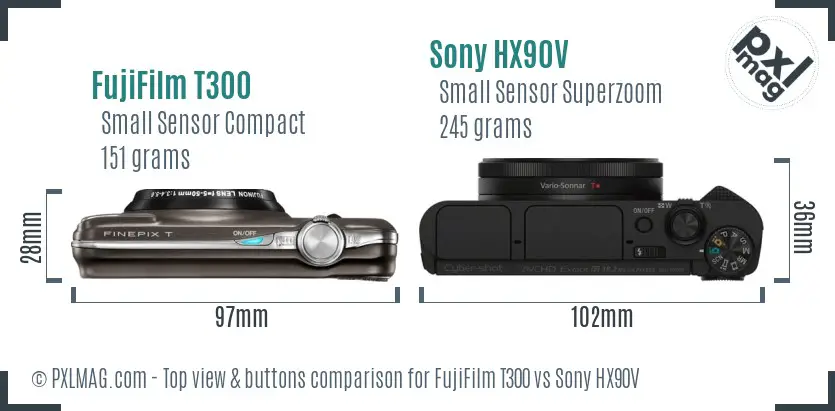 FujiFilm T300 vs Sony HX90V top view buttons comparison