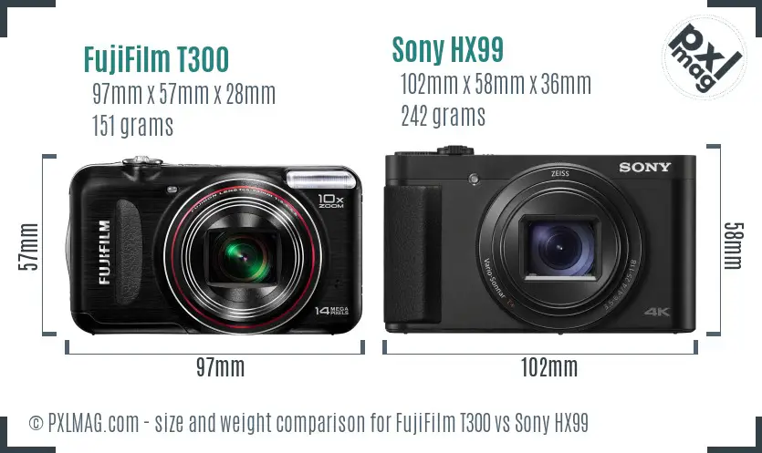 FujiFilm T300 vs Sony HX99 size comparison