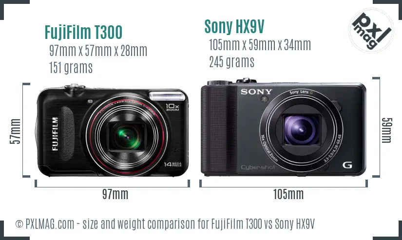 FujiFilm T300 vs Sony HX9V size comparison FujiFilm T300 vs Sony HX9V size comparison