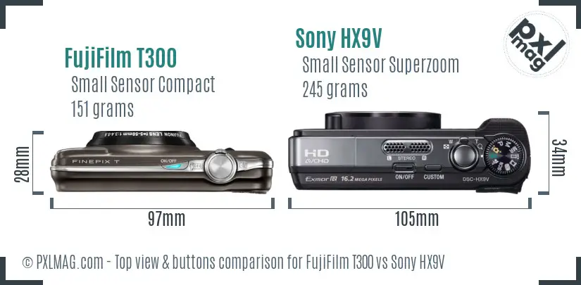 FujiFilm T300 vs Sony HX9V top view buttons comparison FujiFilm T300 vs Sony HX9V top view buttons comparison