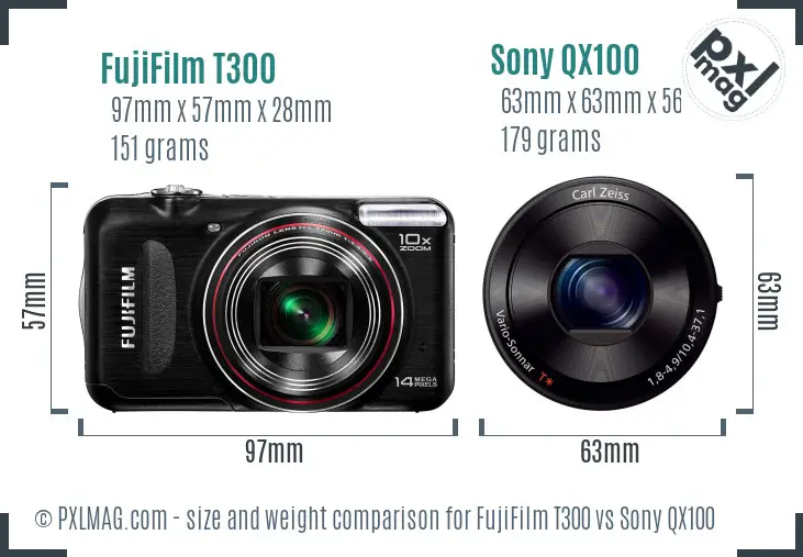 FujiFilm T300 vs Sony QX100 size comparison