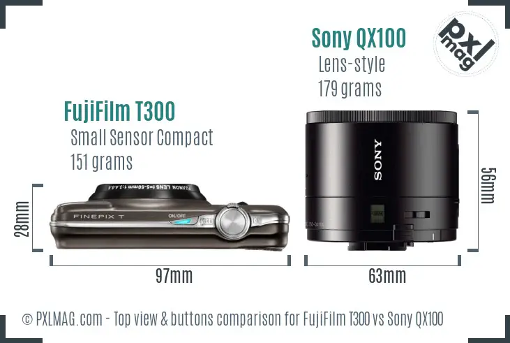 FujiFilm T300 vs Sony QX100 top view buttons comparison