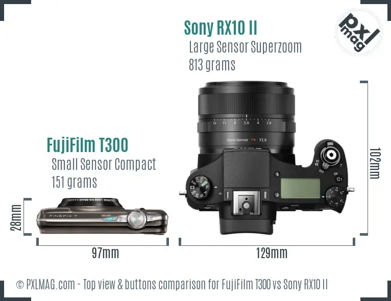 FujiFilm T300 vs Sony RX10 II top view buttons comparison