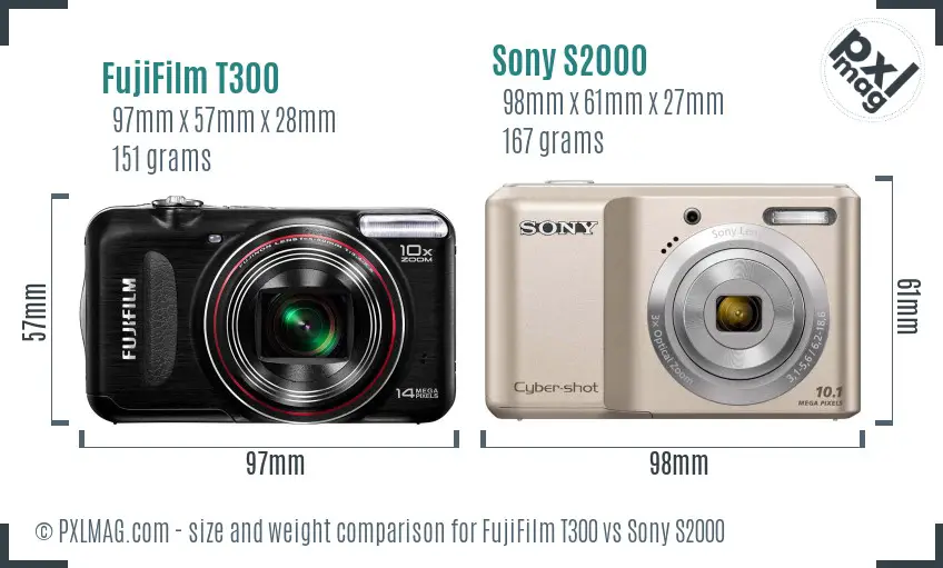 FujiFilm T300 vs Sony S2000 size comparison