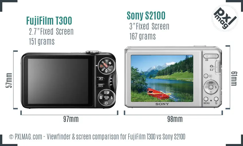 FujiFilm T300 vs Sony S2100 Screen and Viewfinder comparison