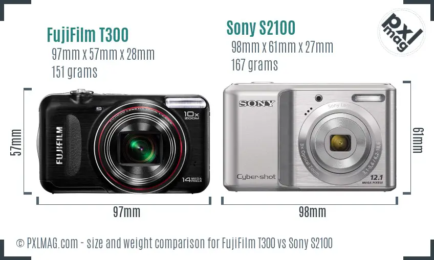 FujiFilm T300 vs Sony S2100 size comparison FujiFilm T300 vs Sony S2100 size comparison