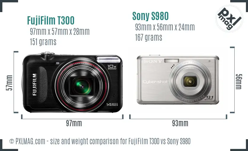 FujiFilm T300 vs Sony S980 size comparison