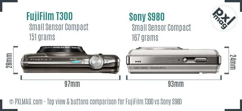 FujiFilm T300 vs Sony S980 top view buttons comparison