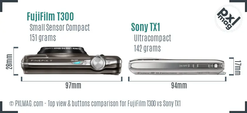 FujiFilm T300 vs Sony TX1 top view buttons comparison FujiFilm T300 vs Sony TX1 top view buttons comparison