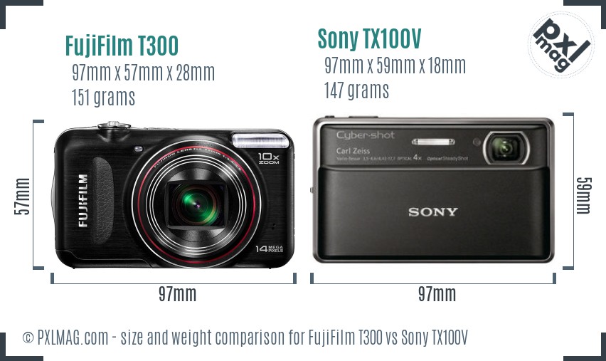 FujiFilm T300 vs Sony TX100V size comparison