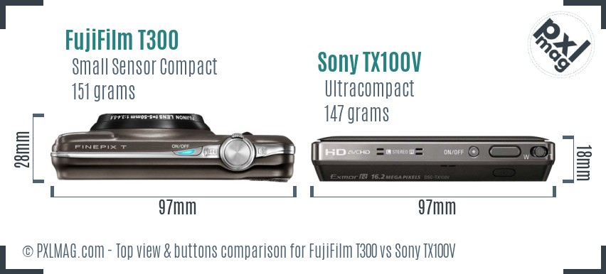 FujiFilm T300 vs Sony TX100V top view buttons comparison