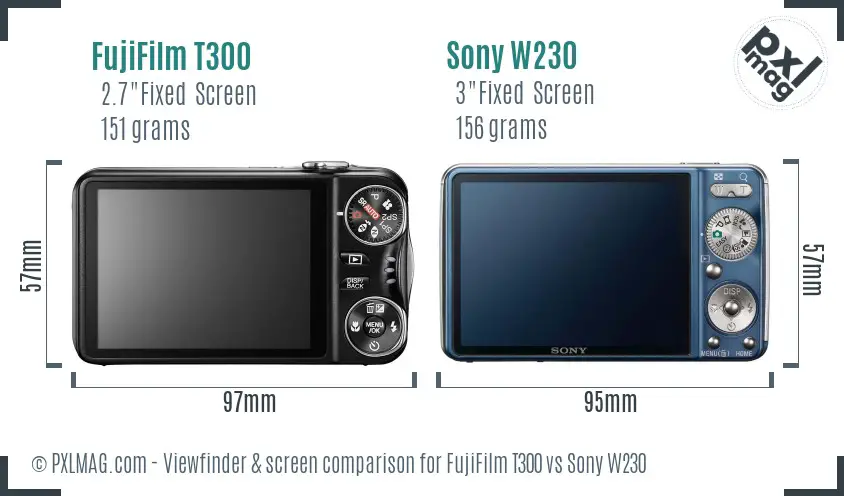 FujiFilm T300 vs Sony W230 Screen and Viewfinder comparison