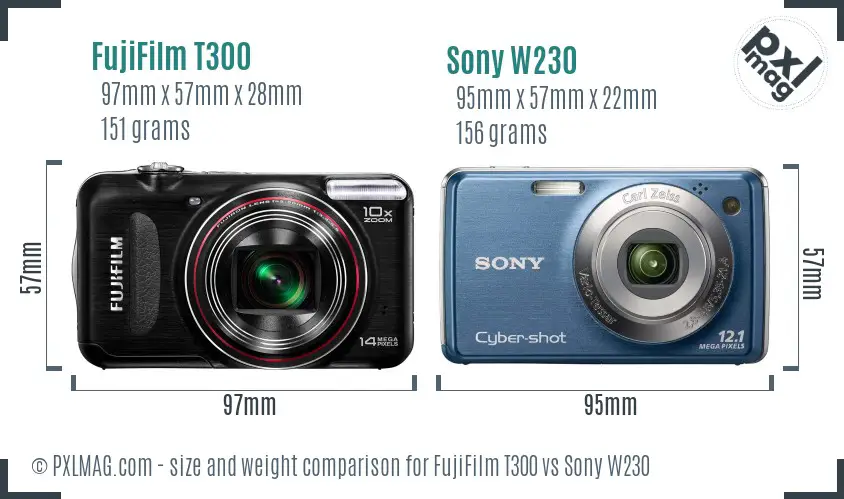 FujiFilm T300 vs Sony W230 size comparison