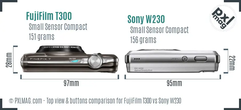 FujiFilm T300 vs Sony W230 top view buttons comparison