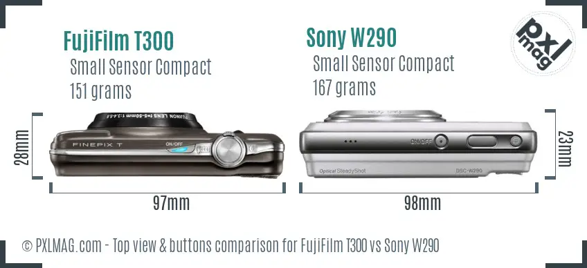 FujiFilm T300 vs Sony W290 top view buttons comparison