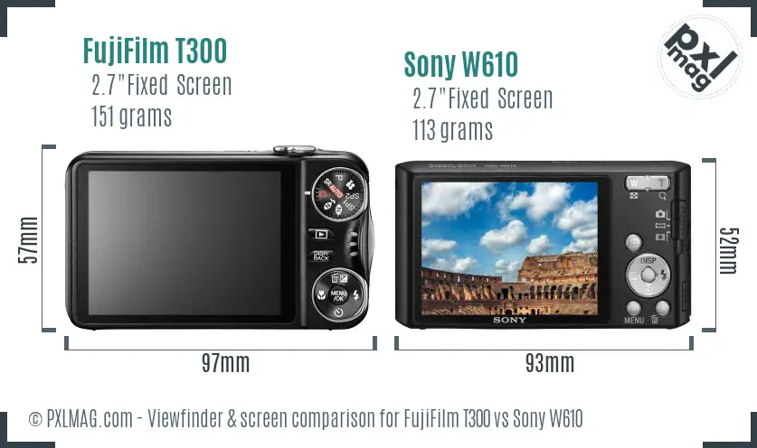 FujiFilm T300 vs Sony W610 Screen and Viewfinder comparison