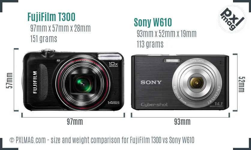 FujiFilm T300 vs Sony W610 size comparison