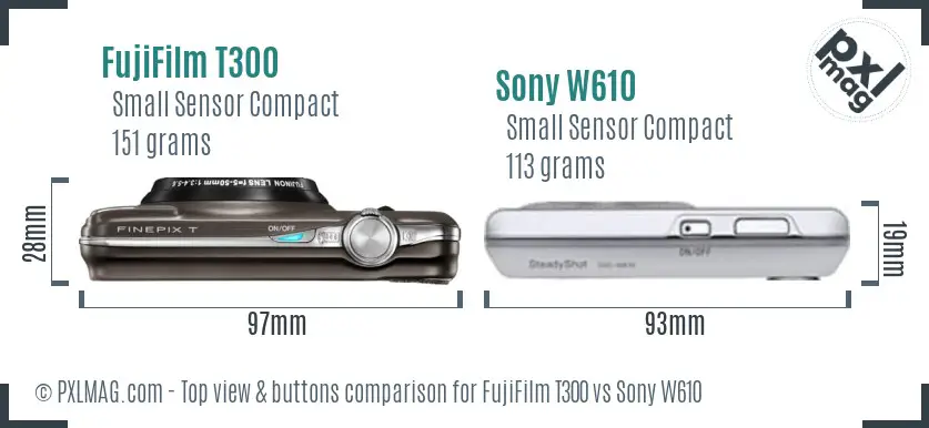 FujiFilm T300 vs Sony W610 top view buttons comparison