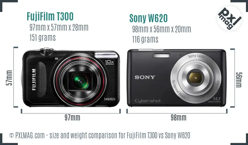 FujiFilm T300 vs Sony W620 size comparison