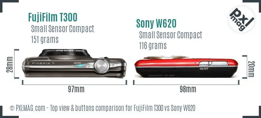 FujiFilm T300 vs Sony W620 top view buttons comparison